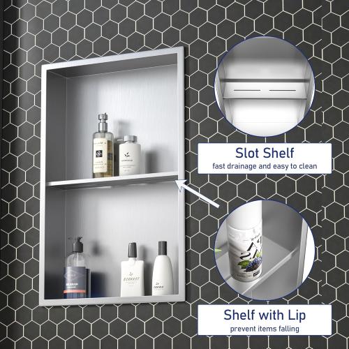 Stainless Steel Shower Niche Brushed 24 X 14 No Tile Needed Niche | Recessed shower niche with 2 tiers shelf,space-saving,vertical niche，silver bathroom niche shower for shampoo & soap storage