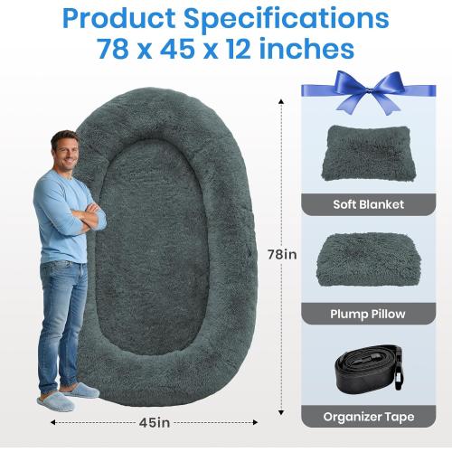 Human Dog Bed Fits You and Pets, Washable 10 CM Thick Memory Foam Dog Bed with Plump Pillow, Blanket, Strap 78x51x12,Darkgrey