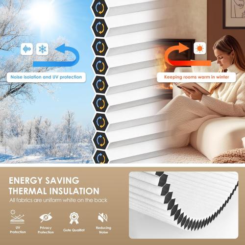 LazBlinds No Tools No Drill Cordless Cellular Shades, Blackout Light Blocking Honeycomb Shades for Home, Thermal Insulation Blinds for Windows, 36 W x 64 H, White