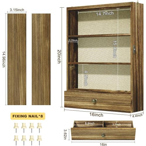 Picrit Large Brown Shadow Box Frame 16x20, 3.1 Deep Solid Wood Display Case with Removable Shelves & Drawers, Linen Back for Flowers, Pictures, Medals, Coins, Pins Collection, Memorial Gifts and More