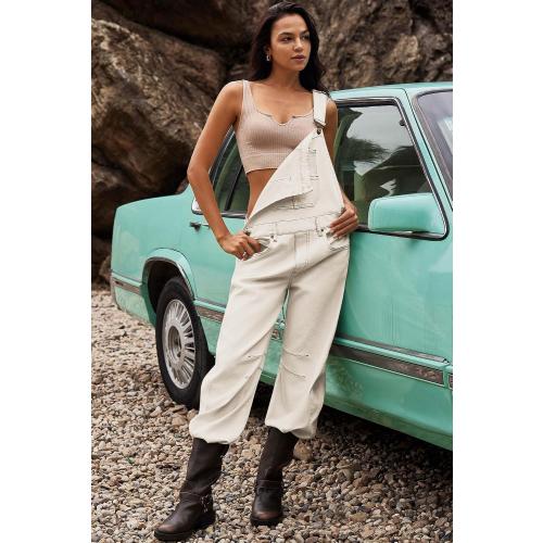 Size M ReachMe Womens Casual Adjustable Bib Overalls Classic Wide Leg Jumpsuits Vintage Barrel Overalls Baggy Pants with Pockets