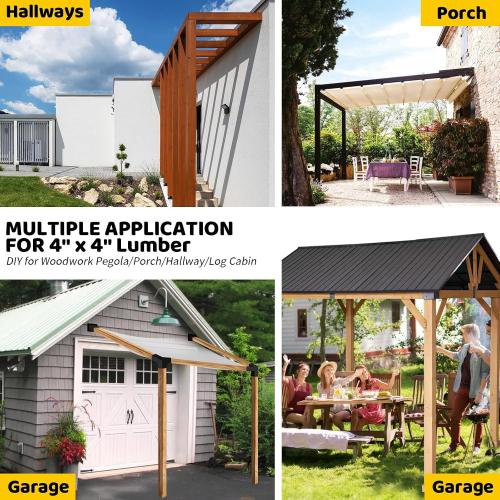 Pergola Slanted Roof Bracket kit 4 Pack,3-Way 30-Degree Right Angle Corner Bracket with Wall Mount Post Base for 4x4 (Actual:3.5“x3.5) Lumber for Pergolas/Gazebos,Porchs - 4Pack