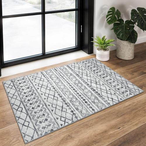 Moroccan Rugs for Entryway, 2x3 Grey Washable Small Area Rug, Non-Slip Ultra Soft Vintage Geometric Low-Pile Indoor Door Mat Floor Carpet for Indoor, Entrance, Kitchen