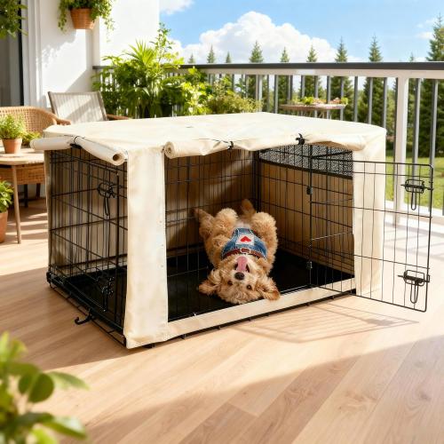 HiCaptain Dog Crate Cover 36.0 L x 23.0 W x 25.0 H with Breathable Mesh, Durable Heavy Duty Kennel Cover, Dual Zippered Panels, Windproof Waterproof UV-Resistant(Beige)