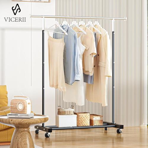 Clothing Rack, 55.51 Inch Heavy Duty Clothes Rack Rolling Garment Rack with Wheels and Bottom Shelf, 130LB Capacity Clothes Racks for Hanging Clothes, Coats, Shirts, Sweaters, Skirts, Black