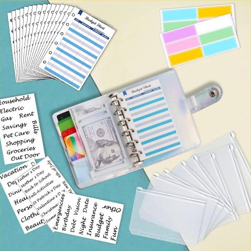 A7 6 Ring Budget Binder with Zipper envelopes, Budget Book Label and Category Stickers, Budget Sheet Refill Paper for Men and Women(Harphia, 145F)