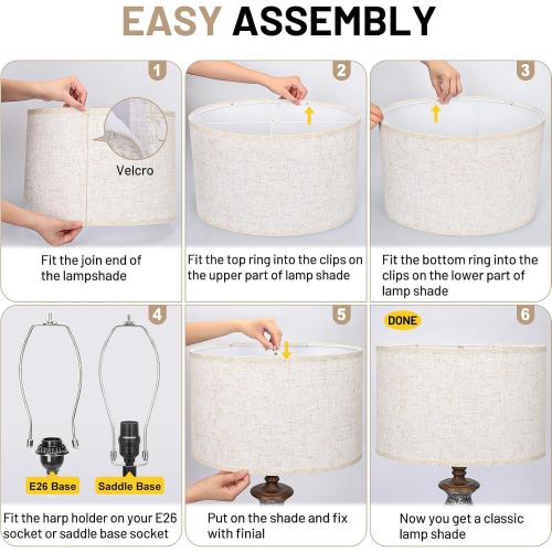 Oval Lamp Shades Set of 2, 16.5L x 9.6W x 11H, Large Beige Lampshades for Table Lamps Bedside Lamps, Natural Linen Lamp Shades for Floor Lamps, Suitable for E26 Base and Saddle Base, Easy Assembly