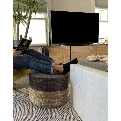 S & L Homes Pouf Ottoman - 100% Jute Braided Footrest Pouf Hand Knitted Traditional Cord Boho Pouffe for Living Room, Bedroom, Nursery, Patio, Lounge Colorblock - Natural Brown (20”x20”x10”)
