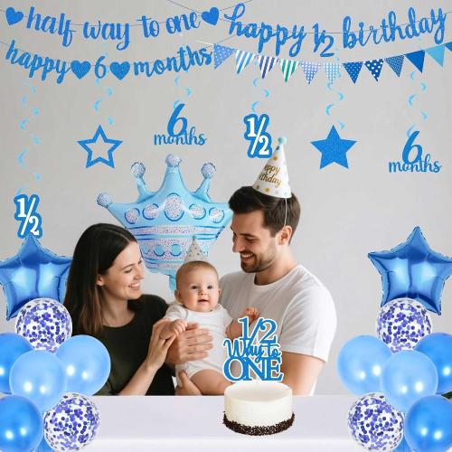 Half Birthday Decorations Banner Supplies - 28 Pcs Blue Happy 1/2 Year Birthday Banner Heart Crown Balloons Pennant Glitter Cake Topper for Baby Boy 6 Months Party Decor
