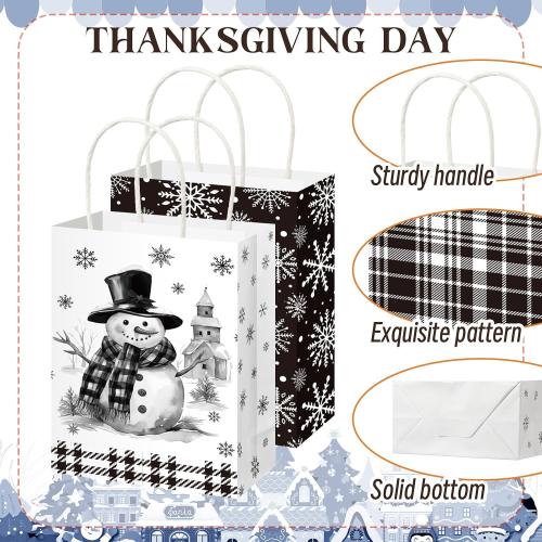 Fourluoo 30 Pack Winter Paper Gift Bags with Handles Black and White Winter Snowman Tote Bags 5.9 x 3.1 x 8.3 Inch Christmas Party Favor Snow Pine Candy Gift Handbag for Xmas Party Supplies
