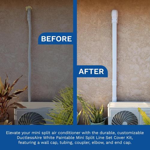 DuctlessAire Paintable Mini Split Line Set Cover Kit - Lineset Cover for Ductless Mini Split Air Conditioner Unit - Outdoor Cable Covers - Wall Cap, Hide-A-Line, Coupler & End Cap (White, 3 x 7.5 Ft)