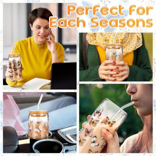 Cunhill 4 Pcs Butterfly Glass Cups Bulk Butterfly Iced Coffee Cup with Bamboo Lid and Straw 16oz Drinking Glasses Beer Can Cup for Birthday Gift Women Teacher Mom Sister