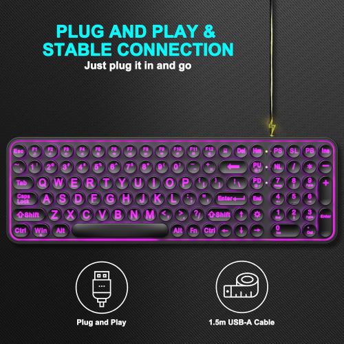 QUASIO Large Print Backlit Keyboard, Wired USB Lighted Computer Keyboards with 7-Color Backlit, Oversized Print Letters, Quiet Typewriter Keyboard with Retro Round Keycaps for Windows PC, Laptop
