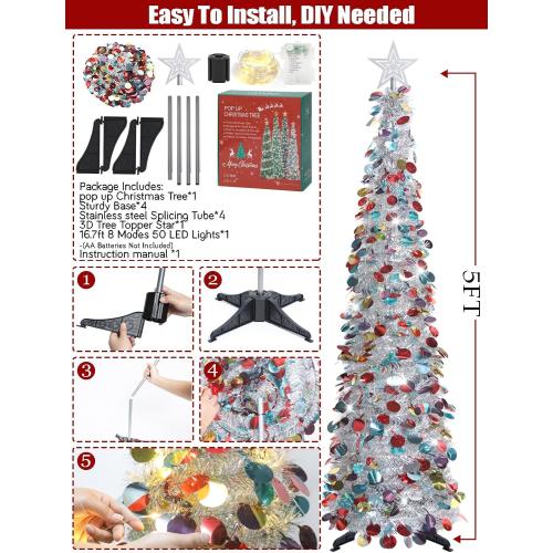 HMASYO 5 FT Pop Up Christmas Tree with Timer Lights, Silver Christmas Tinsel Tree, Collapsible Artificial Pencil Christmas Tree for Indoor Home Apartment Porch Holiday Party Decorations