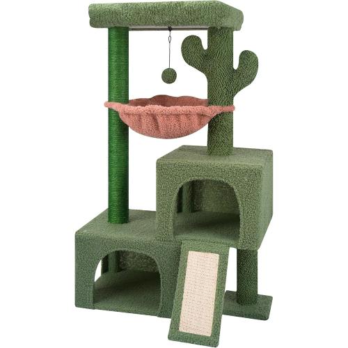 37.4 Cactus Cat Tree Tower with Twin Cat Condos for Indoor Cats, All-in-One Activity Center with Cat Scratching Post Cozy Sleeping Perch Hammock and Toy Balls,Green …