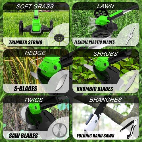 Color Green Electric Cordless Weed Wacker Eater Battery Powered, Lightweight No-String Weed Trimmer with 2 21V/2Ah Battery Operated&5 Types Blade&Wheels, Grass Trimmer/Edger Lawn Tool/Brush Cutter for Garden Yard
