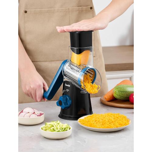 Geedel Rotary Cheese Grater, Kitchen Mandoline Vegetable Slicer with 3 Interchangeable Blades, Easy to Clean Rotary Grater Slicer for Fruit, Vegetables, Nuts