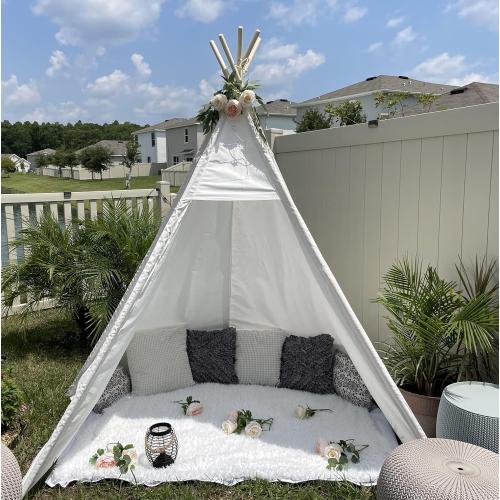 White 7' Large Teepee Tent for Adults, Play Tent with Carry Bag, 5 Sides Canvas Kids Teepee Tent Indoor & Outdoor Tents for Party, Wedding, Photo Prop, White