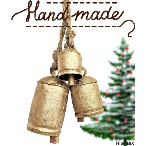 HIGHBIX Set of 3 Giant Harmony Cow Bells Huge Vintage Handmade Rustic Lucky Christmas Hanging XL Bells On Rope (Country Rustic, Large)