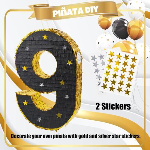 PCFING 20 Inch Number 9 Piñata Gold Black with 30 Inch Piñata Stick Blindfold Confetti for Man Women Boys Girls Birthday Party Decorations, Anniversary Celebration, Fiesta