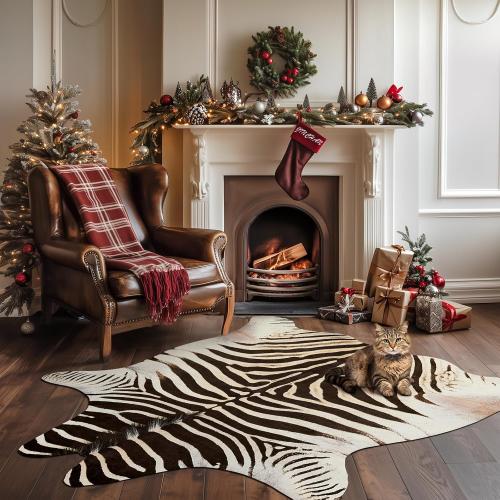 jinchan Zebra Print Area Rug Faux Skin Cowhide Animal Design Mat Faux Suede Indoor Floorcover for Bedroom Living Room 5x6 Safari Design