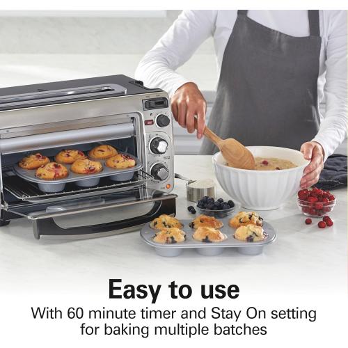 Hamilton Beach 2-in-1 Countertop Toaster Oven and Long Slot 2 Slice Toaster, 60 Minute Timer and Automatic Shut Off, Shade Selector, Stainless Steel (31156)