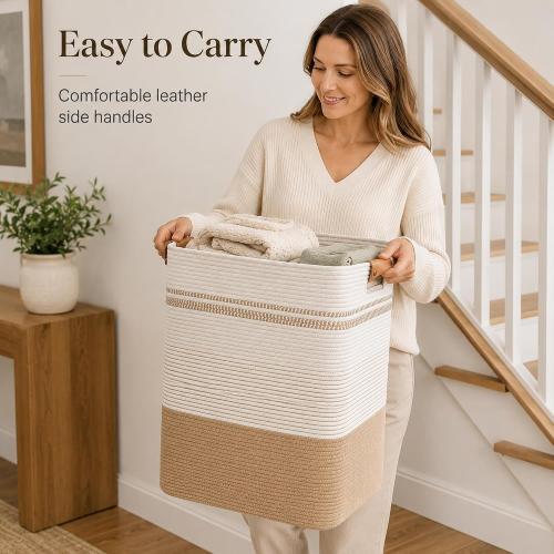 Laundry Hamper, Cotton Rope Laundry Basket with Leather Handles, 21.1-Gallon/80 L Large Clothes Hampers for Laundry, Handwoven Laundry Baskets for Blankets, Children Toys, Bedroom, Living Room
