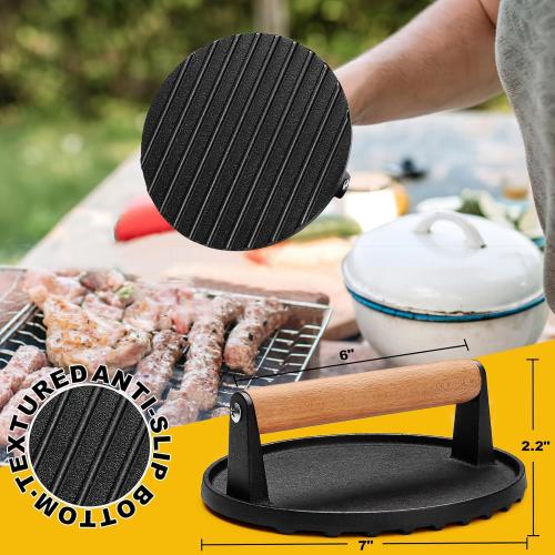 AIVIKI Burger Press, Smash Burger Press for Blackstone Griddle, Heavy Duty Cast Iron Round Bacon Grill Press with Wood Handle, Meat Steak Weight for Sandwich, Paninis (Round)