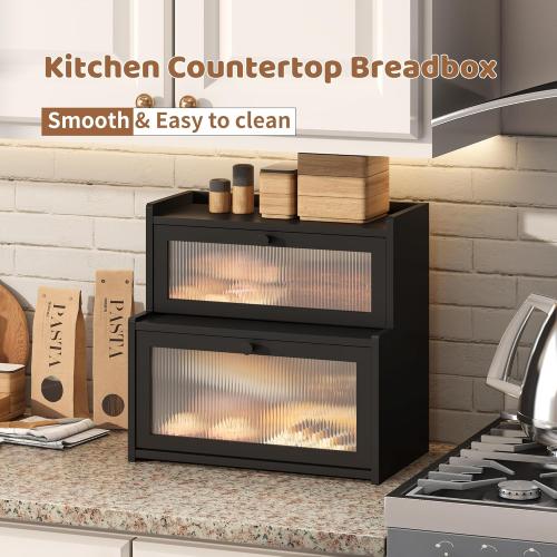 FILWH Bread Box for Kitchen Countertop Double Layer Large Corner Bread Box Capacity Bread Storage Bin Farmhouse Breadbox Container Organizer Cabinet Cupboard Black
