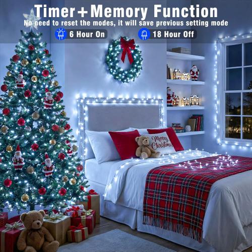 100ft White Christmas Lights Outdoor 300 LED String Lights Indoor Clear Wire Waterproof, 8 Modes Connectable Twinkle Fairy String Lights Plug in for Outside Room Bedroom Party Wedding Decorations