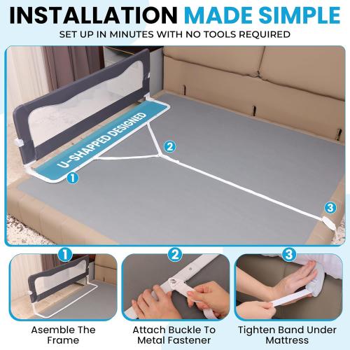 TotCraft MiniFlex Adjustable Length & Height Bed Rail for Toddlers – Fits Twin, Full & Queen Beds – 35.5″ or 47″ Two Fixed Lengths – 14 Height Levels – ASTM Certified Toddler Bed Rails for Kids (Grey)