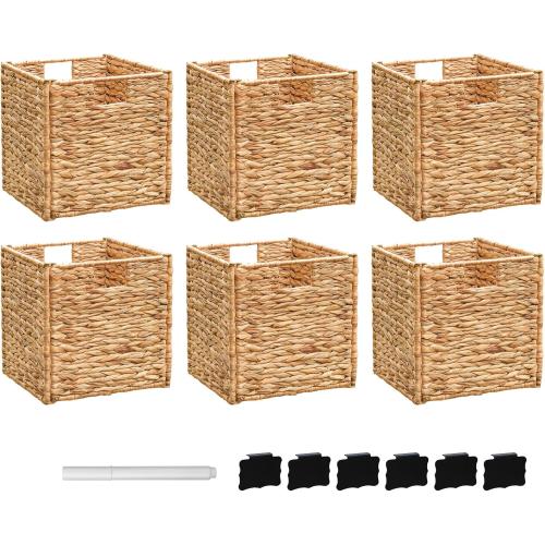 10.5x10.5x10.5 Water Hyacinth Storage Cube, Wicker Baskets for Shelves, Woven Square Basket for Living Room (6 Packs 10.5x10.5in)