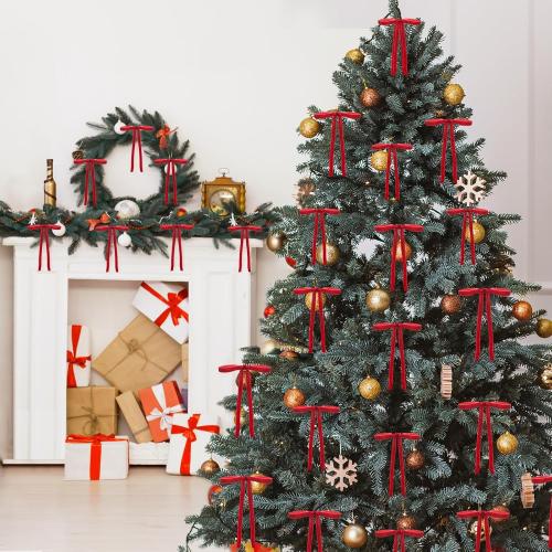 24 PCS Velvet Christmas Tree Bows，Christmas Wreath Bows,Rustic Crafts Gift Bows for Christmas Tree Indoor Outdoor Decoration(3/8'' Wide, 5 * 7 inch) (Red)
