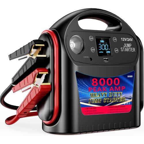 8000A 12V/24V Jump Starter for Large Gas & Diesel Engines, Heavy-Duty Portable Battery Booster Pack for Trucks, RVs & Commercial Vehicles with Force Start, Digital Display, LED Light & USB Charging