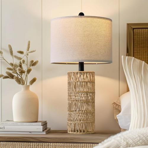 OYEARS 22.5 Boho Table Lamps Set of 2 for Living Room, Bedside Lamp for Nightstands, Rattan Lamp for Bedroom, Farmhouse Table Lamp for Room Decor, End Table, Retro, Brown（Not Include Bulbs）