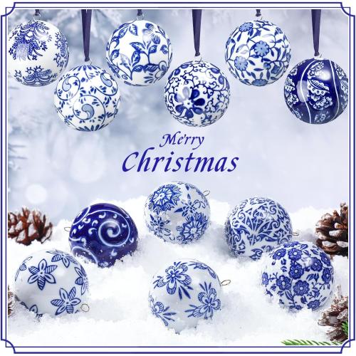 Cindeer 9 Pcs Blue and White Christmas Porcelain Balls 2.4 Inch Porcelain Chinoiserie Ornament Bulk Christmas Ceramic Hanging Decorative for Tree Home Xmas Party (Elegant Style)