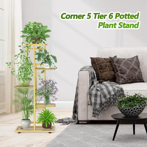 5 Tier 6 Potted Gold Plant Stand Indoor Outdoor with Gardening Tools and Gloves, Upgraded Corner Metal Plant Rack Units Shelf for Multiple Plants, Flower Pot Holder Display for Patio, Balcony, Living