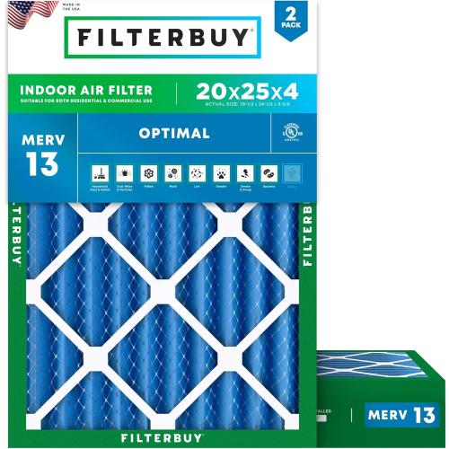 Filterbuy 20x25x4 Air Filter MERV 13 Optimal Smoke & Allergy Defense (2-Pack), Electrostatic Pleated HVAC AC Furnace Filters Replacement (Actual Size: 19.50 x 24.50 x 3.63)