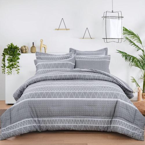 WONGS BEDDING Grey Comforter Set Queen Size, Soft Bohomian Comforter with 2 Pillowcases, Reversible Boho Striped Bedding Set Queen for All Season (90x 90)