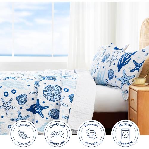 Love's cabin Twin Quilt Bedding Set Coastal White Bedspreads - Soft Bed Summer Beach Nautical Quilt Lightweight Bedspread- Reversible Bedding Coverlet for All Season - 2 Piece