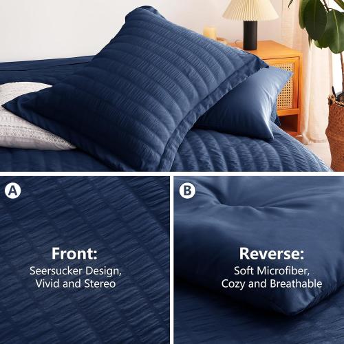 CozyLux Queen Comforter Set **Navy Blue** Seersucker 7 Pieces Bed in a Bag Queen Comforter Set with Sheets Luxury Soft Bedding Set with Down Alternative Comforter, Sheets, Pillowcases & Shams All Seasons