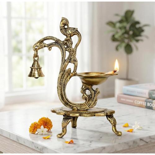 eSplanade - 8 - Peacock Diya with Bell - Lotus Shaped Round Brass Diya | Oil Lamp Deepam | Home Decor | Kuthu Vilakku | Oil Lamps for Home and Office
