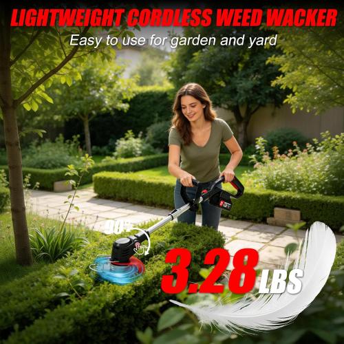 21V Electric Weed Wacker Cordless Weed Eater Battery Powered String Trimmer Battery Operated,3 in 1 Grass Trimmer/Brush Cutter/Lawn Edger, Metal Blades,Wheels, Stringless Weed Trimmer for Garden Yard