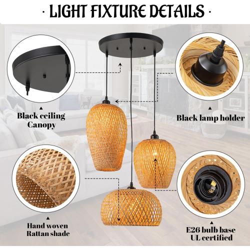 Rattan Pendant Light Bamboo Hanging Light 3-Lights Boho Pendant Light Fixture Woven Basket Wicker Shade Rattan Chandelier for Living Room Dining Room Kitchen