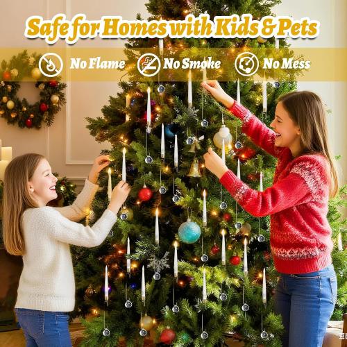 Christmas Tree Candles with Remote, 12 Pack Flameless LED Candles for Xmas Tree Decoration, Battery Operated Flickering Taper Candles with Timer, Warm White Lights for Holiday with Crystal Ball Hooks