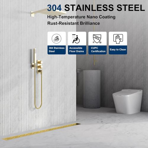 Neodrain 24-in Brushed Brass Rectangular Linear Shower Drain with Brick Pattern Grate, 304 Stainless Steel Bathroom Floor Drain, Gold Linear Drain with Hair Strainer,CUPC Certified