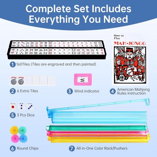 American Mahjong Tile Set Include 166 Tiles 4 All-in-One Mahjong Racks/Pushers with Fabric Carrying Bag Complete Mahjong Game Set (Blue Bag)
