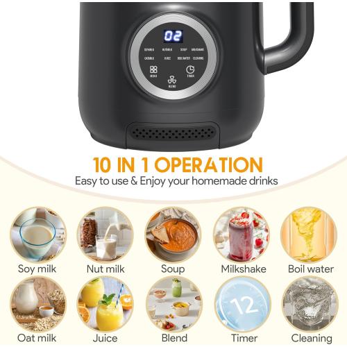 40oz Nut Milk Maker Machine, 10 in 1 Automatic Soy Milk Maker for Homemade Almond, Oat, Soup, Plant-Based Soybean Machine with Delay Start/Keep Warm/Boil Water/Self Cleaning/Quiet Blender, Black