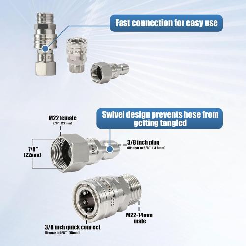 Tool Daily Pressure Washer Adapter Set with Swivel, M22 14mm to 3/8 Quick Connect, Stainless Steel Quick Disconnect Swivel for Power Washer Hose, 5000 PSI, Pack of 2