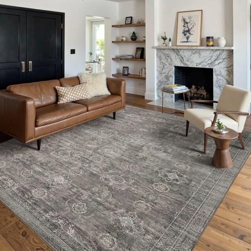 Rugxara Area Rugs for Living Room Bedroom, Grey Washable Rug, Vintage Retro Boho Rug, Non Slip & Low Pile Faux Wool Thin Carpet for Indoor Dining Room, Dorm and Kids Room